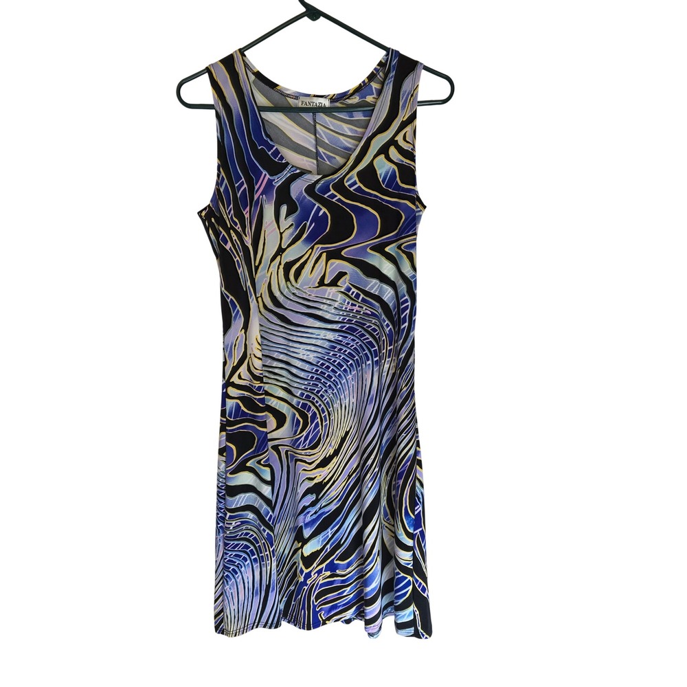 Fantazia Womens L Psychedelic Swirl Print Sleeveless Midi Tank Dress Purple